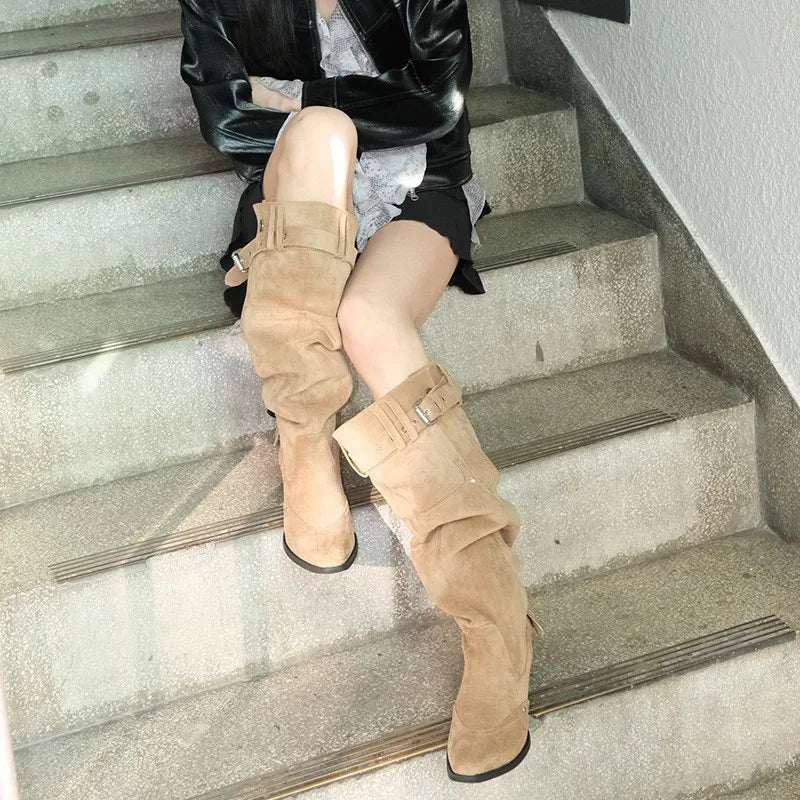 LIZAKOSHT  -  Wasteland Vintage Suede Wide Legs Cowboy Boots Women Retro y2k Western Boots Belt Strap Knee High Boots Shoes Square Heels