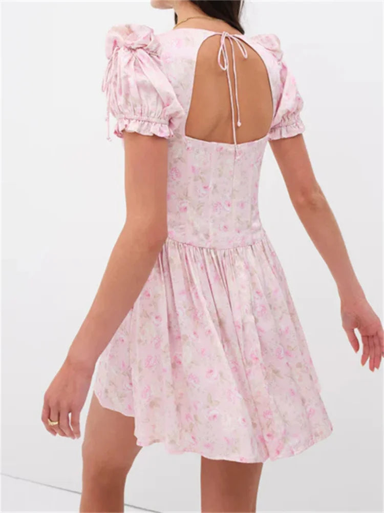 LIZAKOSHT  -  Retro Women Floral Print Summer Mini Dress Short Puff Sleeve Deep V Neck Backless Tie Up Party Dress Female Vestidos