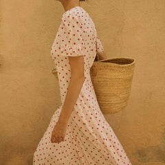 LIZAKOSHT  -  French Style Seaside Vacation Long Dress Elegant Polka Dot Print V-neck Evening Dress Casual Short Sleeve High Waist Swing Dress