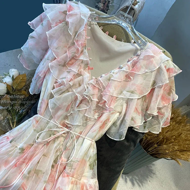 LIZAKOSHT  -  runway designer pink floral pattern buttons ruffles midi dress irregular lace up vestidos vintage french retro clothing