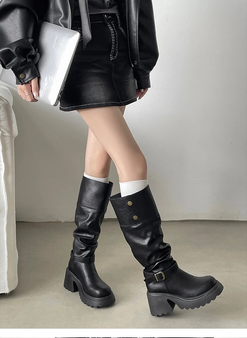 LIZAKOSHT  -  Winter Punk Style Woman Platform Knight Boots Fashion Belt Buckle Shoes Ladies Concise Height Increase Long Booties