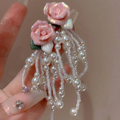 Lizakosht Korean Fashion Pink Resin Flower Pearl Tassel Dangle Earrings For Women Luxury Super Fairy Fresh Earring Jewelry