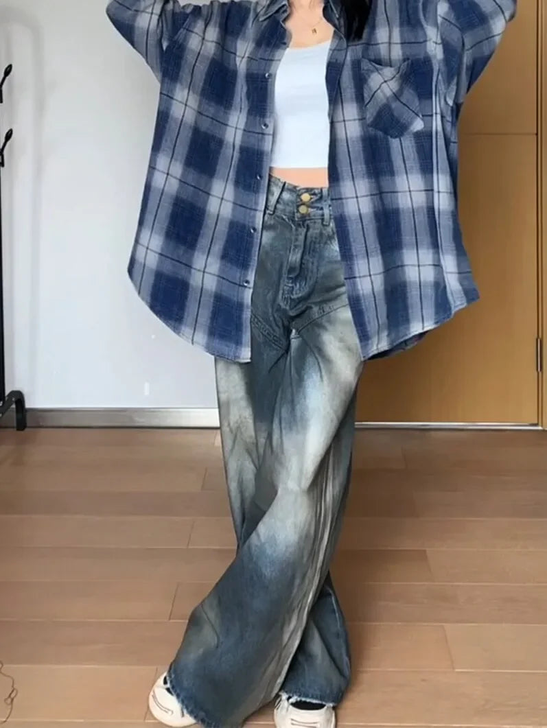 LIZAKOSHT  -  Women's Street Casual 2000s Pants Baggy Y2K Wide Leg Washed Grunge Denim Trouser American Vintage High Waist Straight Emo Jeans