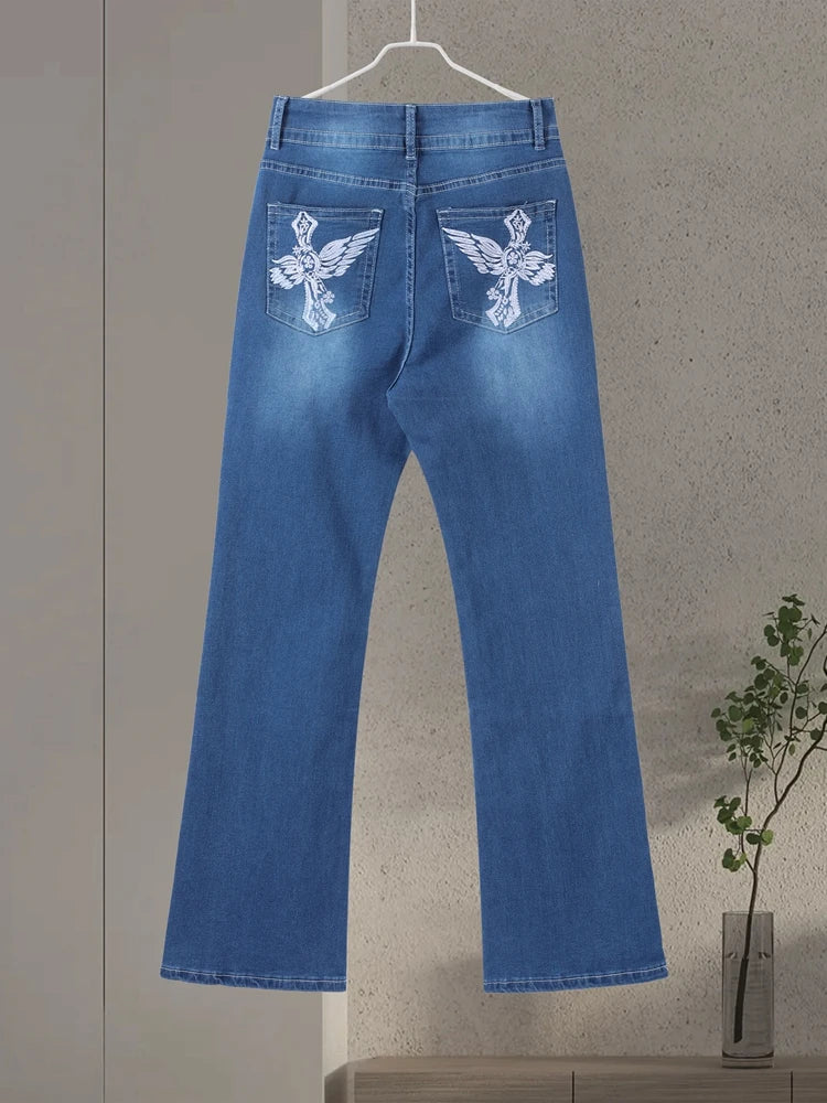LIZAKOSHT  -  Y2k Retro Gothic High Waited Jeans Hot Embroidery Pattern Blue Jeans Woman Hip Micro Horn Baggy Jeans Street Clothing