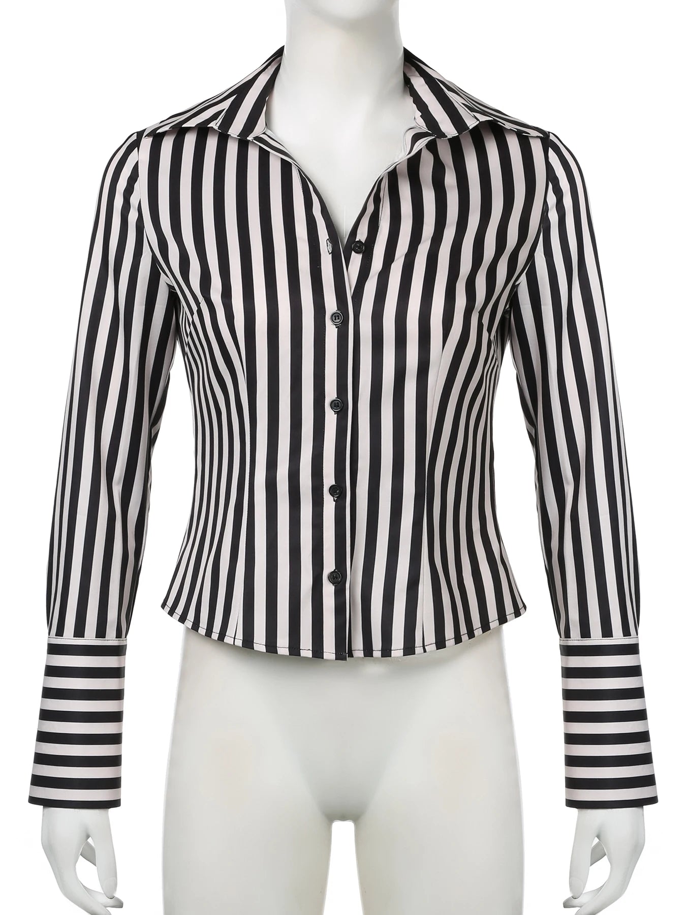 LIZAKOSHT  -  Black White Striped Shirts Vintage Button Up Long Sleeve Crop Top Aesthetic Elegant Streetwear Y2k Casual All Match Top
