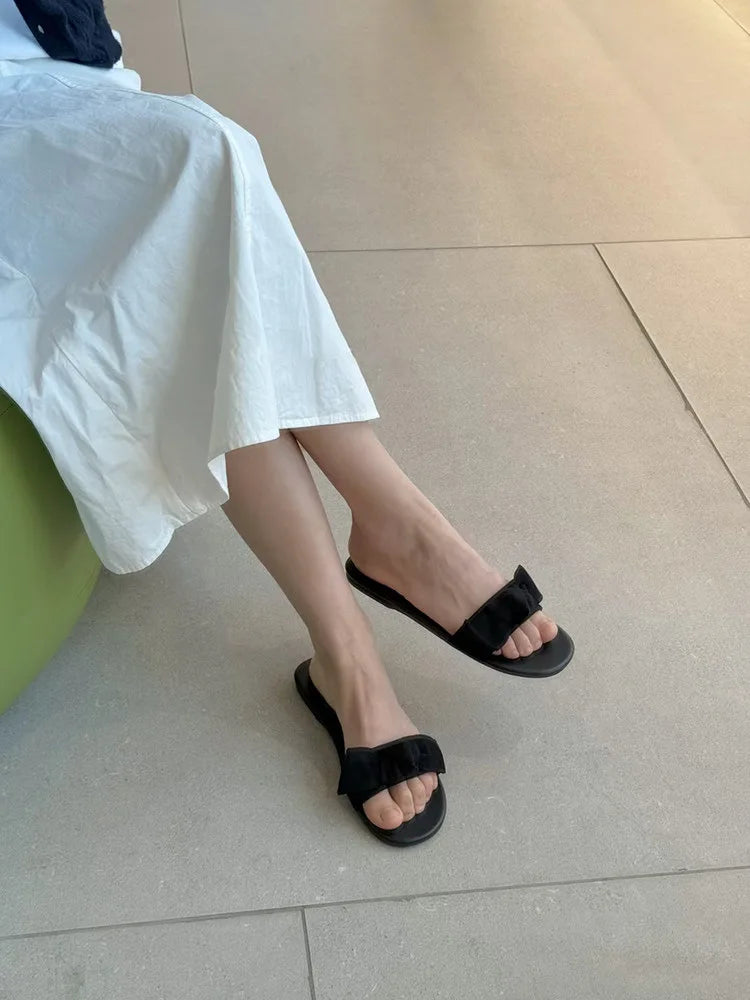 LIZAKOSHT  -  Silk Butterfly-Knot Slippers Women Flat Heel Gingham Sandals Cloth Fabric Slides Female Slip On Pantuflas House Flipflops