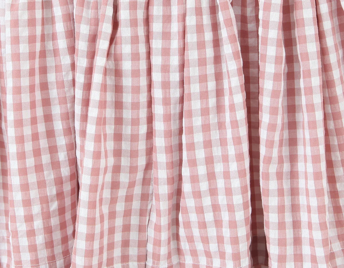 LIZAKOSHT  -  Sweet Pink Plaid Print Bow V neck Short Puff Sleeve Dress Women Low Waist Spliced Ruched Swing Ball Gown Vestidos Femme Robe