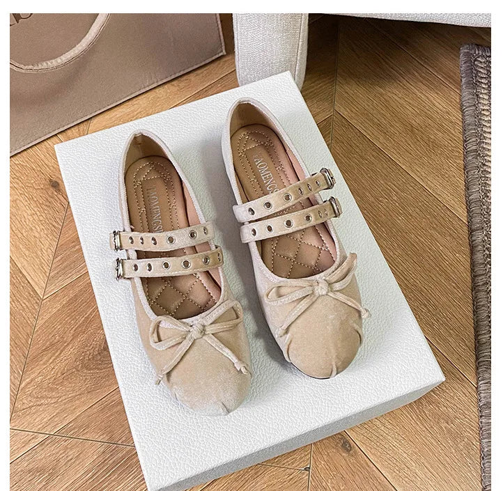 LIZAKOSHT  -  round toe pink velvet flats shoes for woman double band bowtie ballerina shoes rivets button mocasines lolita big shoes size 43
