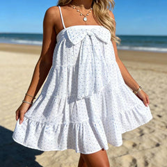 LIZAKOSHT  -  Women Mini Cami Dress Polka Dot Print Decorative Bow Square Neck Spaghetti Strap Dress Summer Pregnant A-line Dress