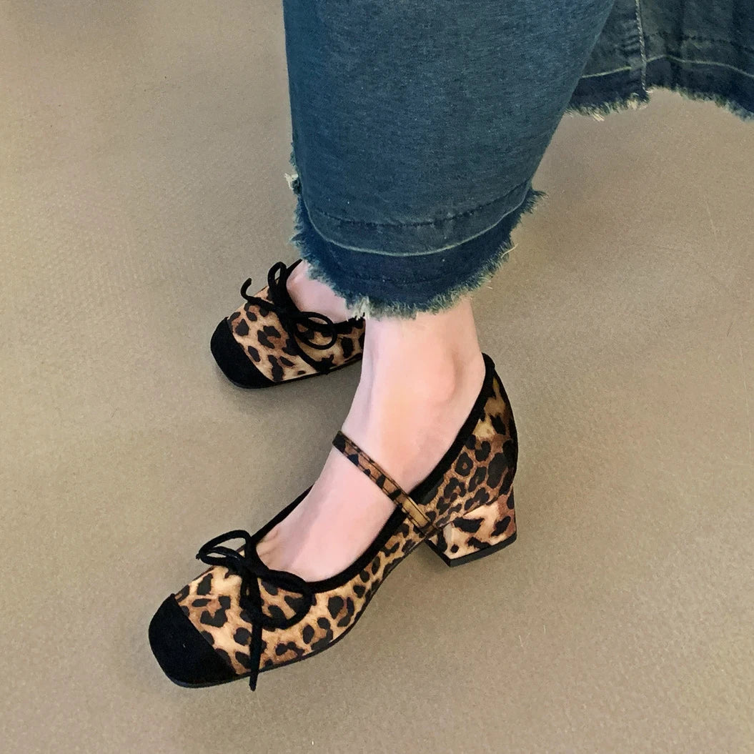 LIZAKOSHT  -  Leopard Print Square Toe Bow Mary Jane Shoes Woman Fashion Pumps Female Casual Chunky Heel Ballet Shoe Designer High Heels Women