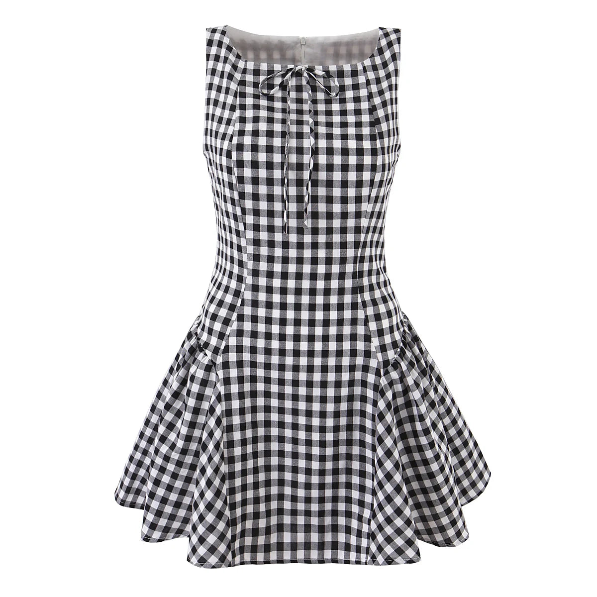 LIZAKOSHT  -  Sexy Red Gingham Plaid Mini Sleeveless Dress Women Bow O Neck Zipper Back Low Waist Ruched Hem Swing Tank Dresses Vestidos Black