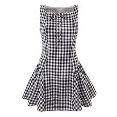 LIZAKOSHT  -  Sexy Red Gingham Plaid Mini Sleeveless Dress Women Bow O Neck Zipper Back Low Waist Ruched Hem Swing Tank Dresses Vestidos Black