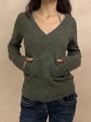 LIZAKOSHT  -  Solid Cotton Knitted Sweater Woman Pocket V-neck Long Sleeve Slim Pullover American Vintage Streetwear Preppy Style Jumper Tops