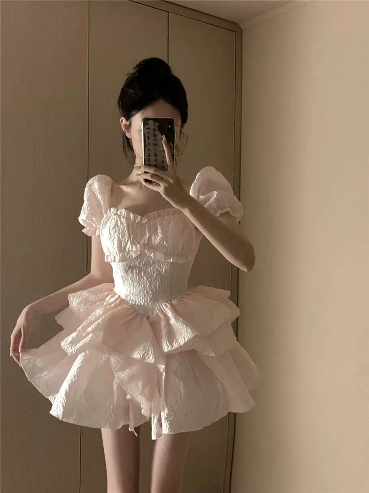 LIZAKOSHT  -  Women Pink Sweet Princess Dress Korean Cute Puff Sleeve Square Collar Cake Mini Dress Lady High Waist Party Dress