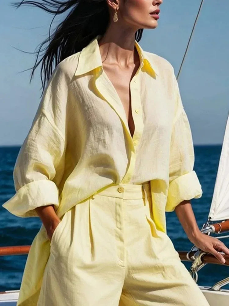 LIZAKOSHT  -  Fashion Women's Shirt Lapel Blouses Elegant Simple Button Cotton Linen Casual Basic Vintage Yellow Tops for Female