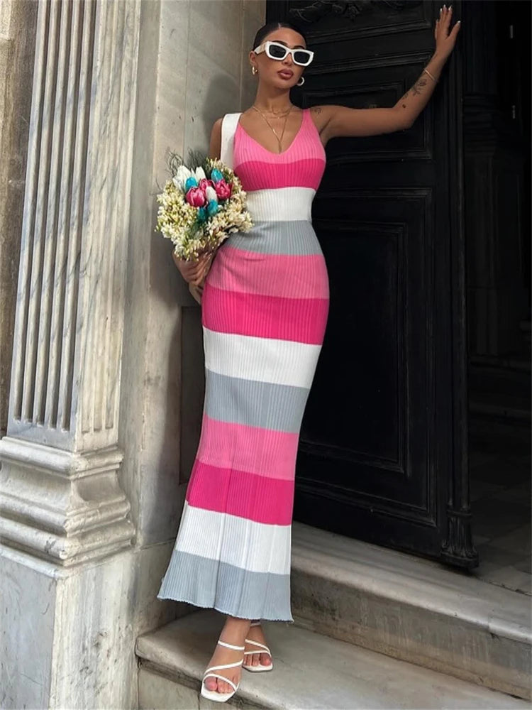 LIZAKOSHT  -  Summer Fashion Contrast Striped Knitted Long Dress Vacation Casual For Women Sexy V-Neck Sleeveless Backless Dress