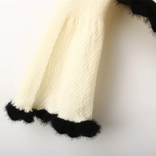 LIZAKOSHT  -  Woman Full Puff Sleeve Sweater Pearl Buttons Knitwear Jumper Autumn Beige Black Color Edged Line Knitted Cardigan