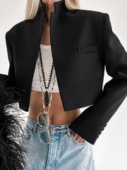 LIZAKOSHT  -  Woman Clothing Solid Black Short Blazers 2025 Autumn Office Lady Long Sleeve Cropped Tops Female Slim Outerwears Coats