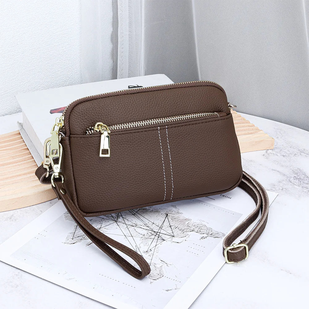 LIZAKOSHT  -  Genuine Leather women Shoulder Bag Small ladies Wristlet Bag Zip Money Coin Holder Purse Cowhide Multifunction phone wallet bols