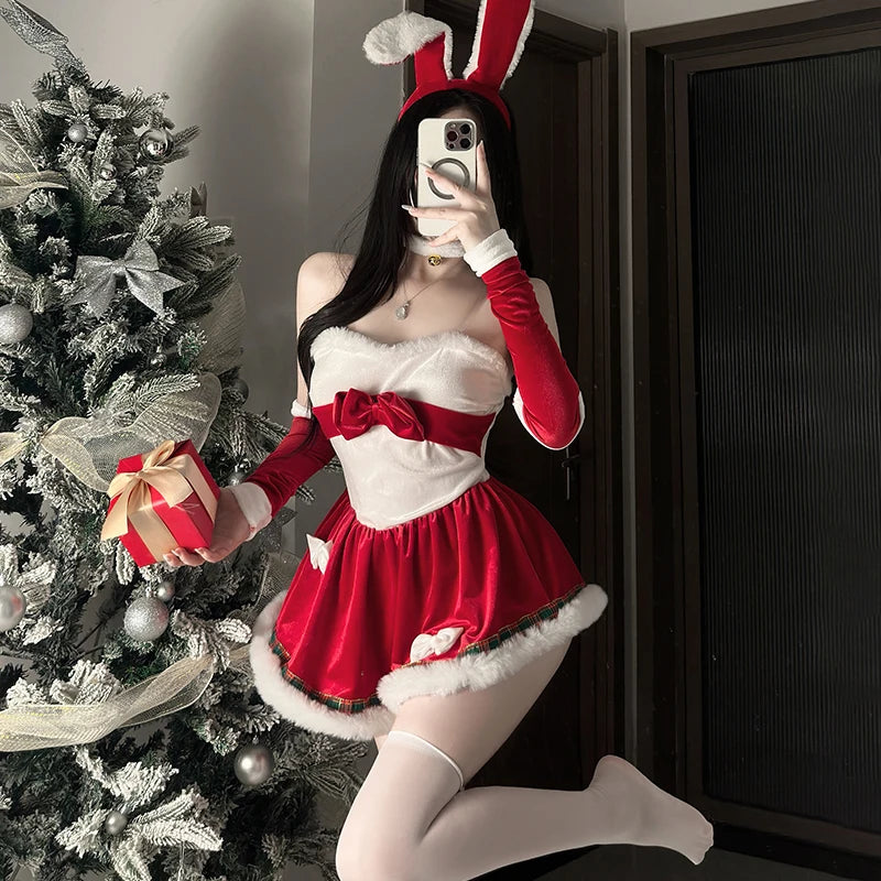  LIZAKOSHT  -  Women Christmas Bunny Costume Off Shoulder Mini Dress Set Cute Rabbit Ear Headband Neck Cuff Long Sleeve Gloves Party Outfit