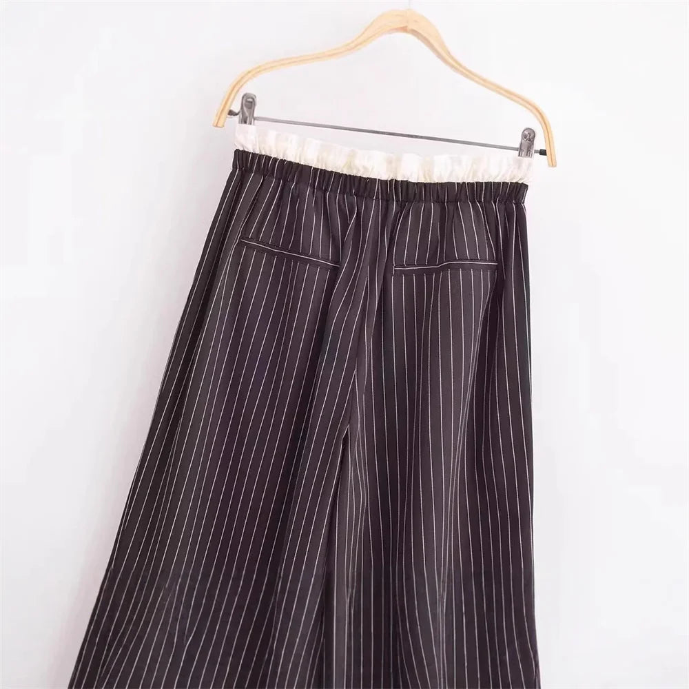 LIZAKOSHT  -  Casual Striped Drawstring Trousers for Women New High Waist Straight Loose Wide Leg Office Lady Long Pants