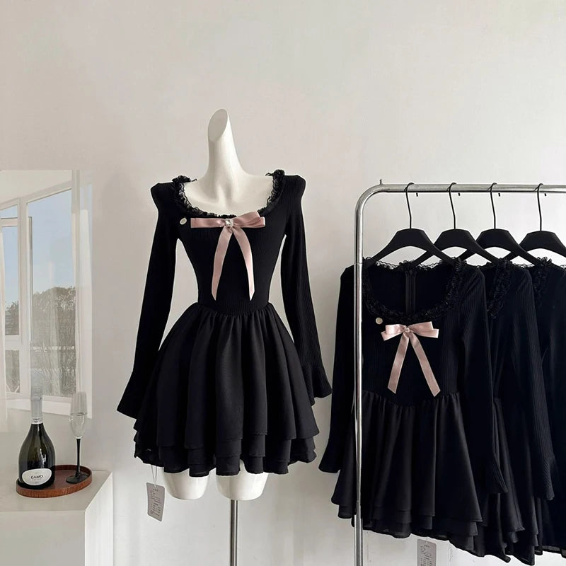 LIZAKOSHT  -  Fashion Sweet Women Mini Dress Autumn Bow Lace Patchwork Slim Fit Long Sleeve Knitted Dress Gentle Elegant Chic Female Vestidos