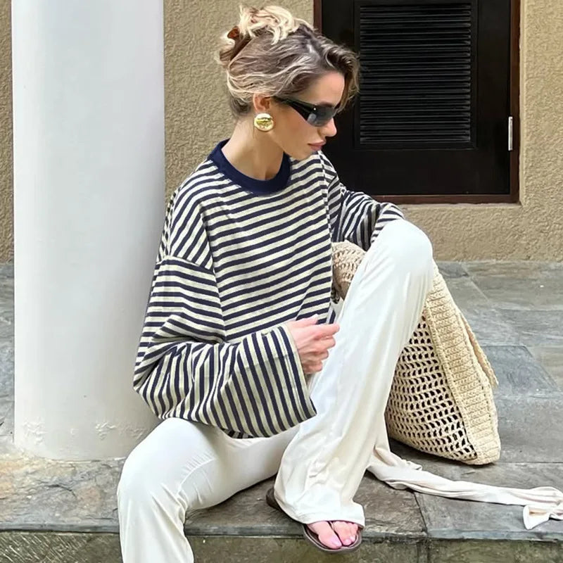 LIZAKOSHT  -  Casual Striped T-shirts for Women 2025 Autumn O-neck Long Sleeve Loose Tops Tees Female Contrast Color T Shirt Streetwear