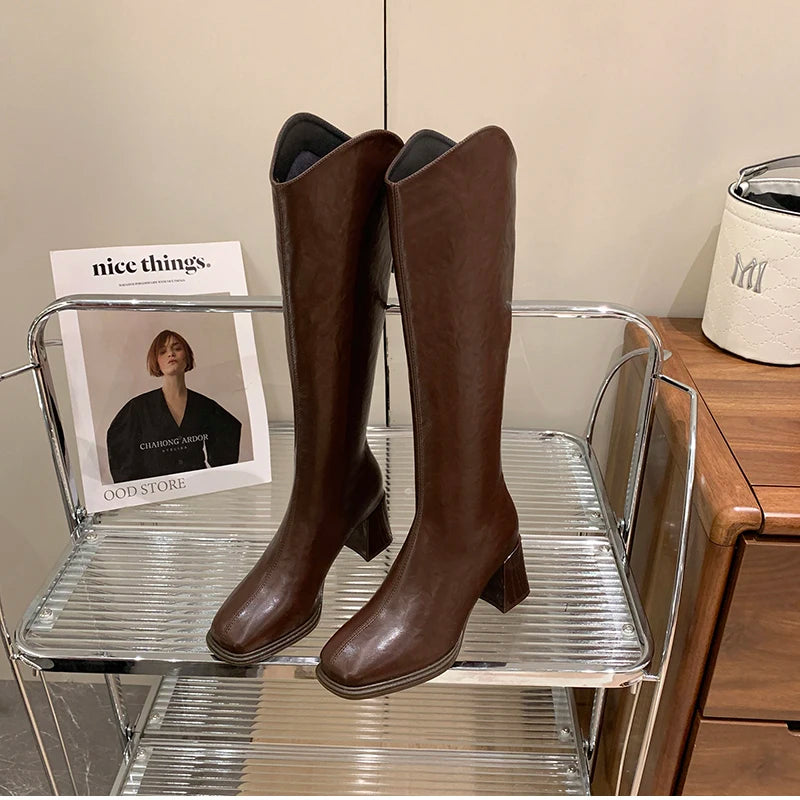 LIZAKOSHT  -  Autumn Winter Thick High Heels Women Knee High Boots Fashion Stretch Slim Modern Long Botas Para Mujer