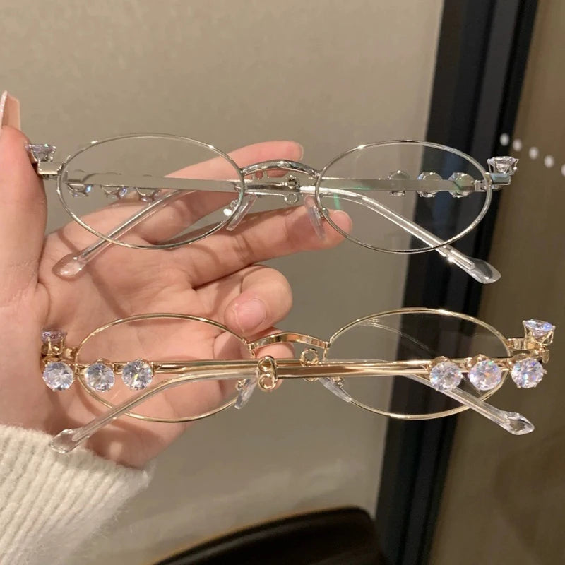 LIZAKOSHT  -  Women Retro Rhinestone Eyeglasses Girls Small Oval Shades Eyewear Metal Frames Anti Blue Light Reading Glasses Eyewears