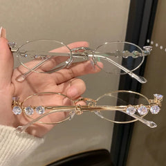 LIZAKOSHT  -  Women Retro Rhinestone Eyeglasses Girls Small Oval Shades Eyewear Metal Frames Anti Blue Light Reading Glasses Eyewears