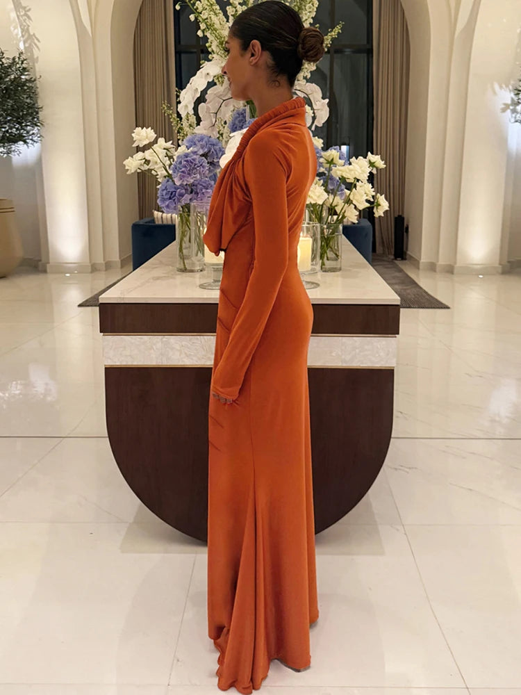 LIZAKOSHT  -  Hipster Swing Collar Long Dress Woman Full Sleeve Prom Party Casual Elegant Skinny High Stretch Midnight Ruched Vestidos