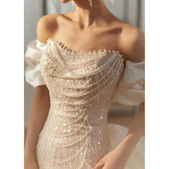 LIZAKOSHT -  Celebrity Dresses Off the Shoulder French Style Detachable Bow Satin Ivory Pearl Mermaid Cocktail Prom Evening Gowns