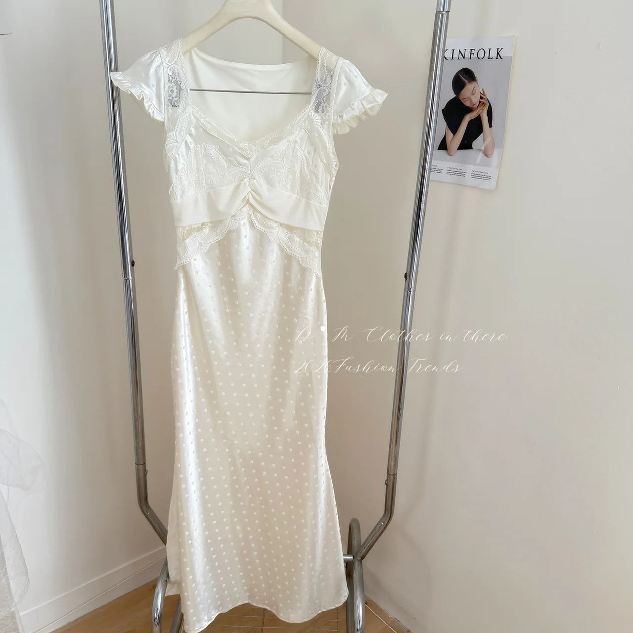 LIZAKOSHT  -  French Vintage Cream White Satin Polka Dot Lace Ruffle Cap Sleeves V Neck Waist Cinched Maxi Dress Women Girls Daily Party Wear
