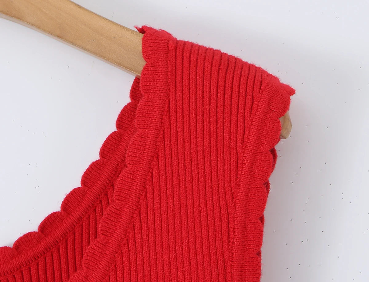 LIZAKOSHT  -  CHIC Wave O neck Rib Knitted Mini Sleeveless Dress Women Slim Waist Spliced Ruffles A-line Hem Knitting Dresses Short Sun Robe