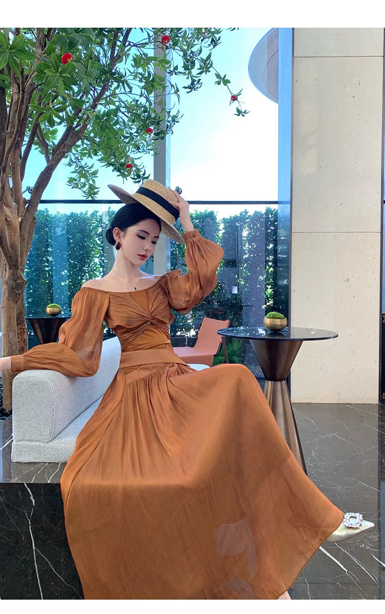 LIZAKOSHT  -  2026 French Style Glossy Lantern Sleeves Kinked Butterfly One-word Shoulder Dress Pendant Long Dress