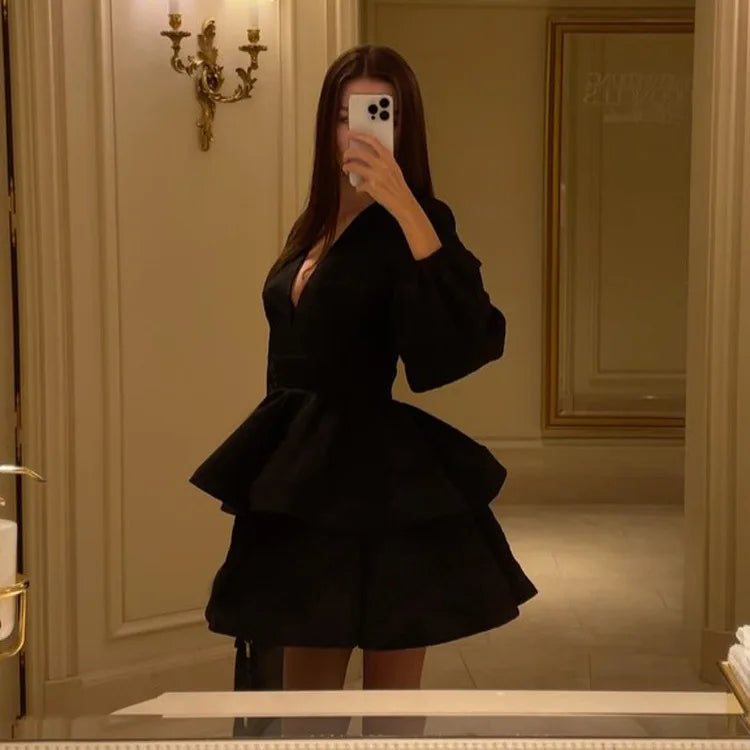 LIZAKOSHT  -  Summer Black Ruffled Mini Dress Female V-Neck Long Sleeve Solid Commute Elegant Party Dress Evening Women's Bodycon Dress