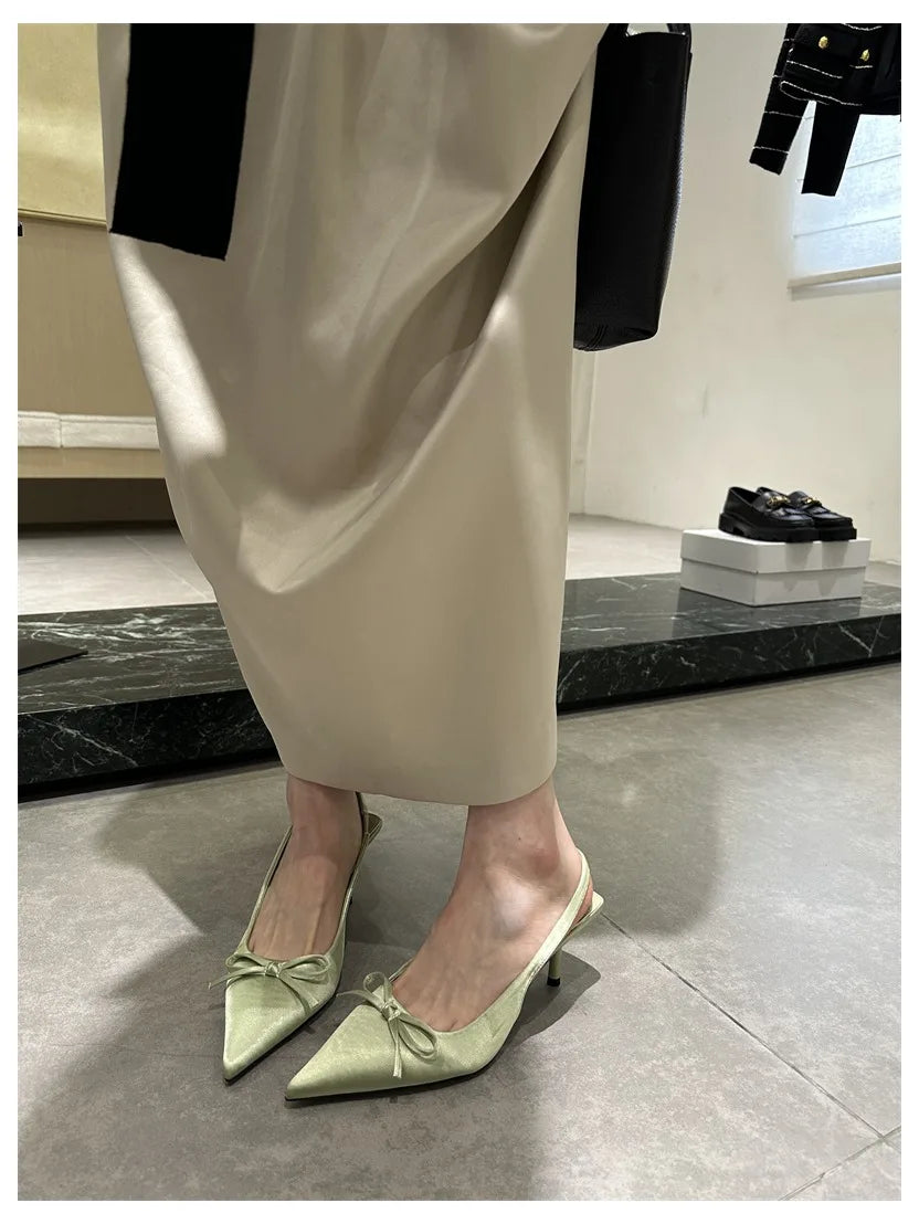 LIZAKOSHT  -  Women Thin Heels Slingback Sandals Elegant Pointed Toe Pumps New Brand Designer Bow Knot Party Dress Wedding Shoes Footwear