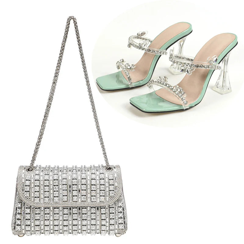 LIZAKOSHT  -  Fashion Rhinestone Slippers For Women's 2025 Summer New Crystal Thick Heel Transparent Sandals Full Diamond Shoulder Bag Set