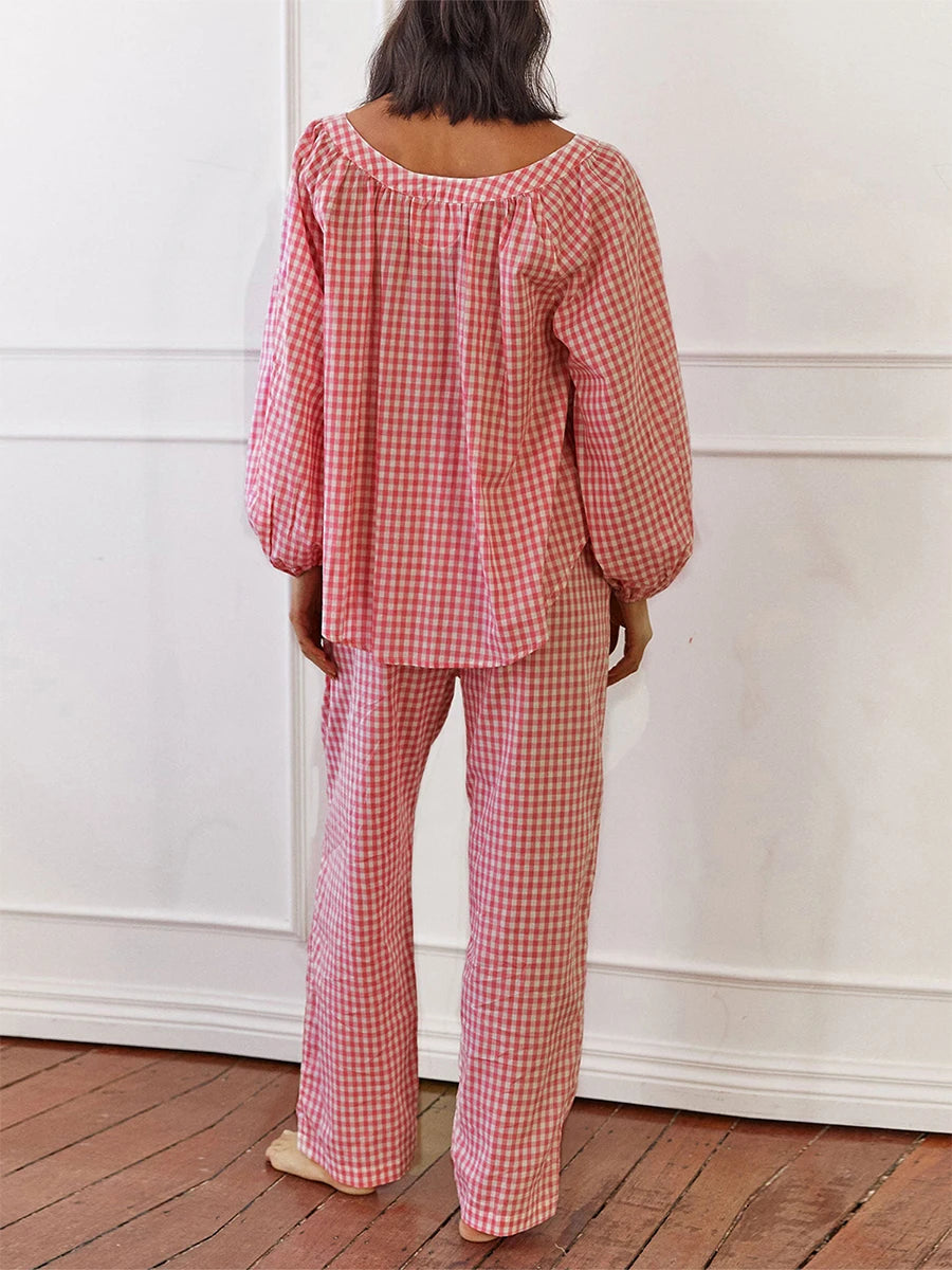 LIZAKOSHT  -  Women s Cozy Plaid Print Pajama Set with Long Lantern Sleeves and Elastic Waistband - Button Down Top and Lounge Pants for Fall