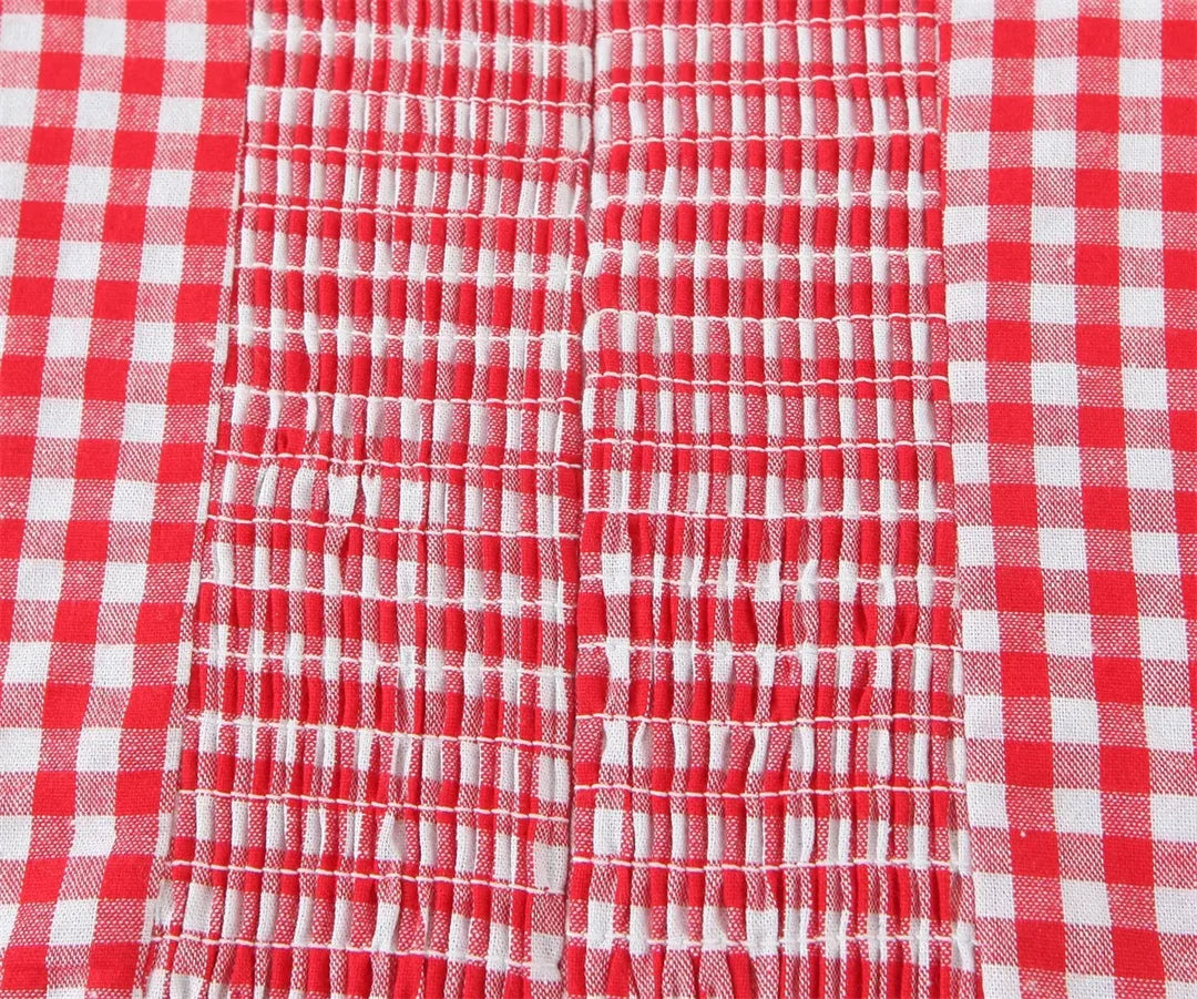 LIZAKOSHT  -  Women Strap Back Smocking Eloise Linen Top Tomato Check