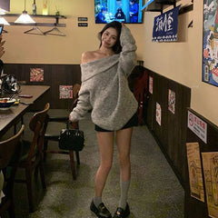 LIZAKOSHT  -   Elegant Off Shoulder Slash Neck Sweaters Women Korean Fashion Streetwear Thicken Knitted Jumpers Casual Loose Slimming Pullovers
