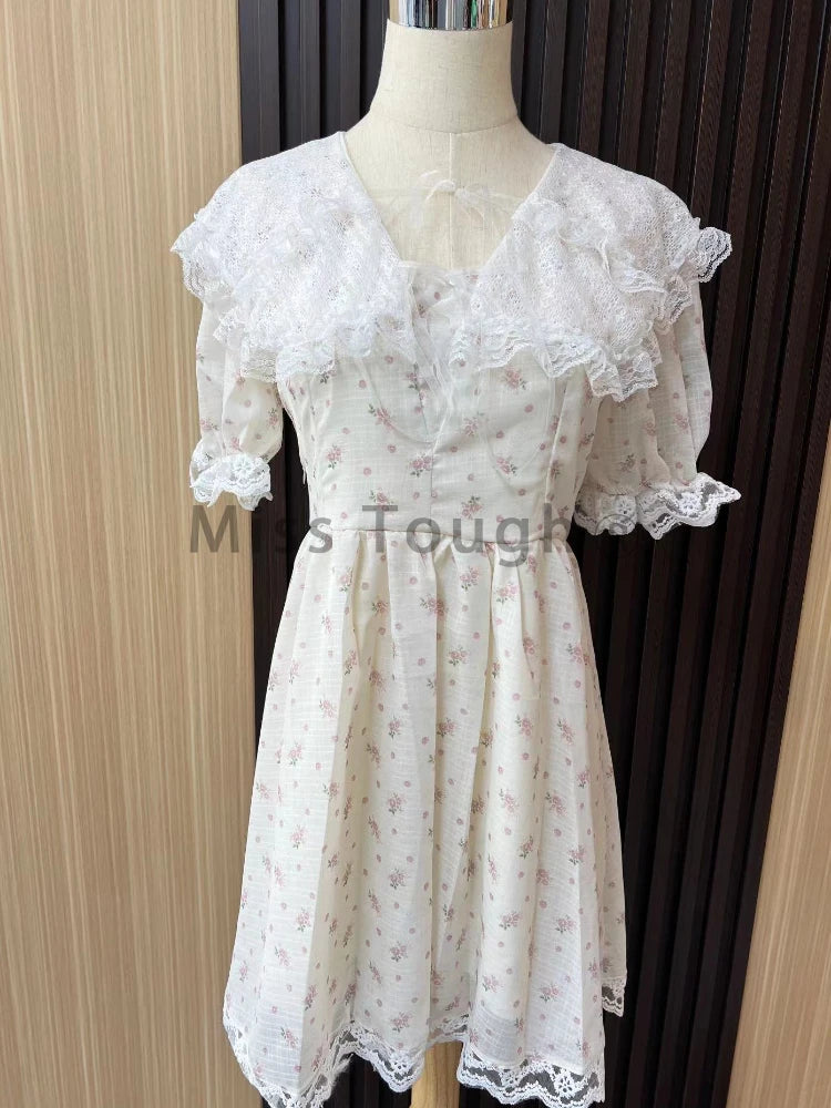 LIZAKOSHT  -  Sailor Colla Sweet Kawaii Dress Women Lace France Style Vintage Mini Dress Female Flower Print Chic Korean Fashion Dress