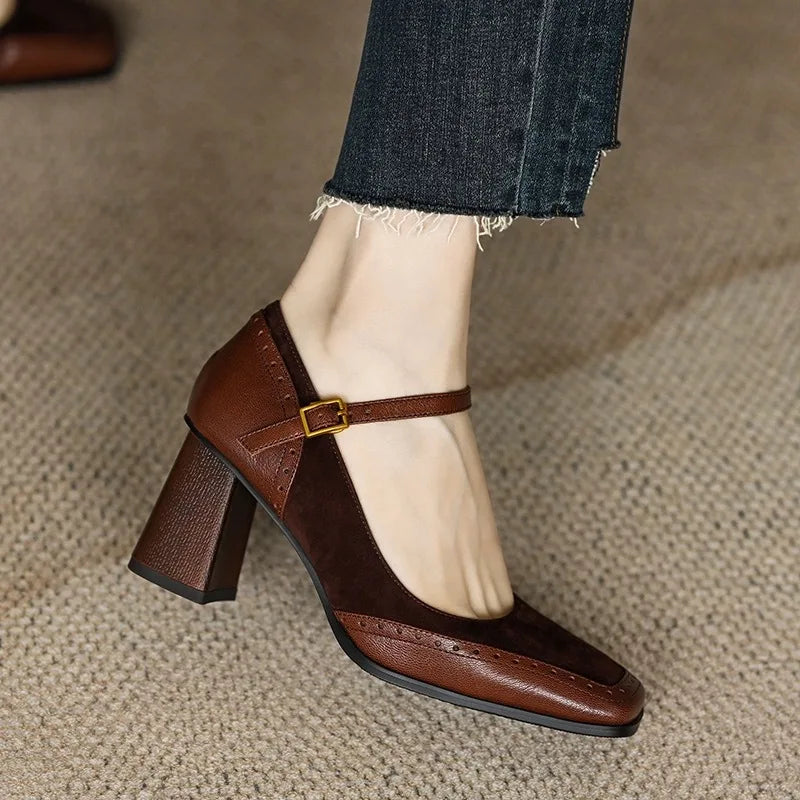 LIZAKOSHT  -  New Fashion French Style Women's  Shoes Square Toe Chunky Heel Thick Sole Buckle Slip-On Pumps Vintage Sandals for Ladies