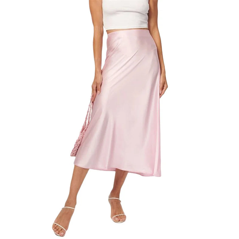 LIZAKOSHT  -  Satin Skirt Women Summer Clothes Solid Color High Waist Bodycon Midi Skirts Elegant Evening Party Skirts Streetwear
