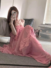 LIZAKOSHT  -  New French Sexy Sweet Long Dress Women Chic Y2k Fairy Slim Backless Pink Dress Japanese Casual Holiday Style Lace Design Outfits