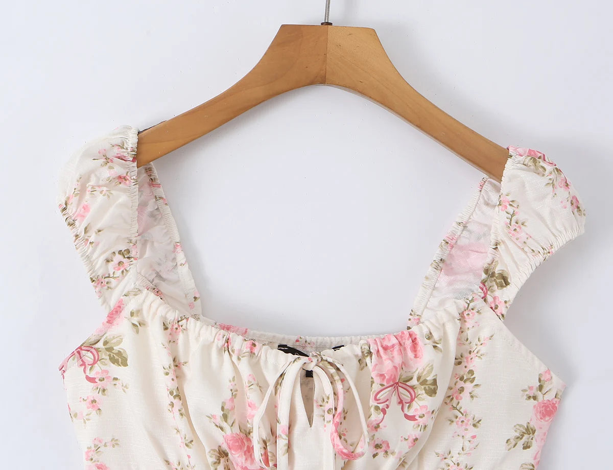 LIZAKOSHT  -  Sexy Pink Floral Print Bow Collar Elastic Strap Tank Top Slim Corset Women Lacing up Sashes Back Lace Hem Side Zipper Crop Vest