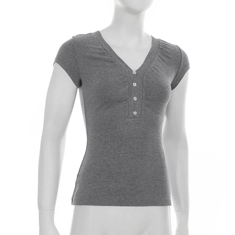 LIZAKOSHT  -  Casual Grey V-neck Crop Top Women Basic Skinny Short Sleeve Knitted T-shirts for Summer y2k Vintage Harajuku Tees Retro