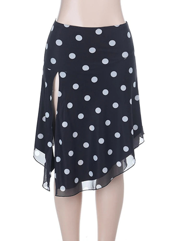 LIZAKOSHT  -  Polka Dot Printed Irregular Split Women Skirt Black High Waist Ruffles Slim Long Skirt Female Spring Casual Streetwear