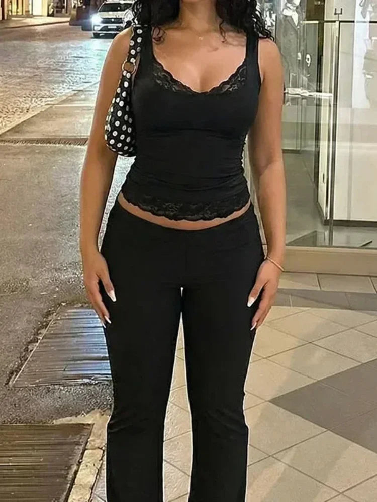 LIZAKOSHT  -  Solid Lace Tank Tops Women Sexy V-neck Backless Streetwear Spaghetti Patchwork Cropped Y2k Top New Women Chic Lace Vest