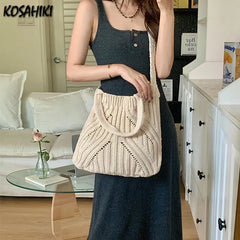 LIZAKOSHT  -  Casual All Match Women Shopping Shoulder Tote Bags New Grunge Vintage Underarm Bag Y2k Knitted Crossbody Handbags High-capacity